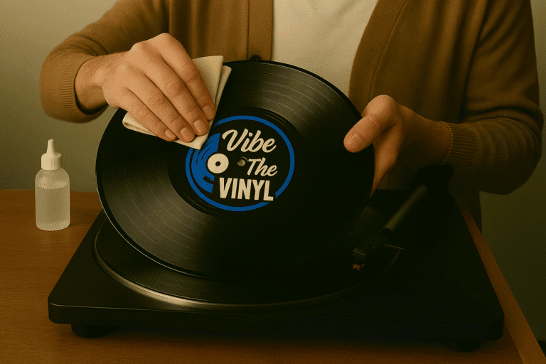 VibeTheVINYL logo on a black vinyl record, close-up of a person cleaning a turntable for optimal sound quality, representing vintage vinyl records and DJ music collection.