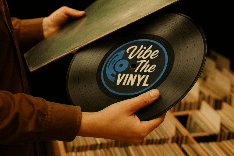 Record Grading Explained: What NM, VG+, and VG Really Mean 1 VibeTheVINYL logo on a black vinyl record with a retro style, perfect for vinyl record enthusiasts and music lovers looking for vintage music collections.