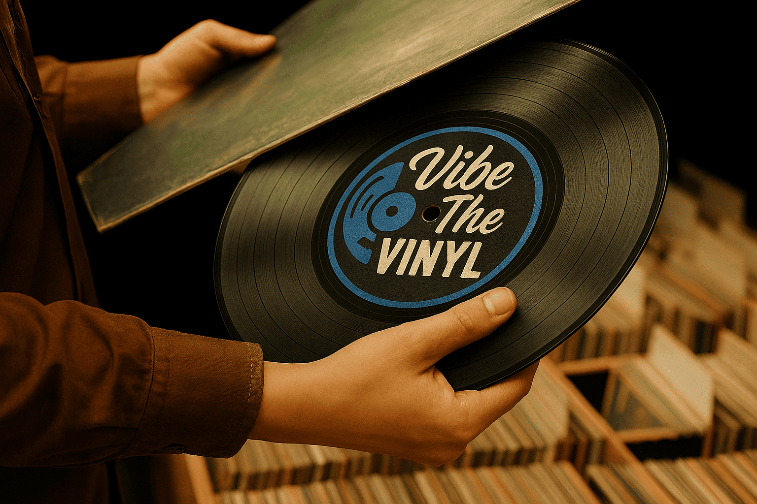 VibeTheVINYL logo on a black vinyl record with a retro style, perfect for vinyl record enthusiasts and music lovers looking for vintage music collections.