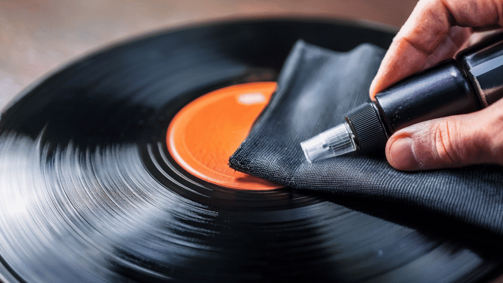 Vintage vinyl record cleaning with a stylus cleaning solution for optimal sound quality, showcasing high-quality turntable maintenance and preserving classic music records.