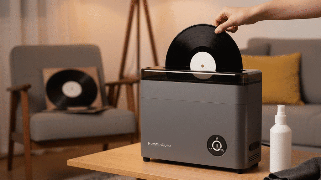 Professional vinyl record cleaner machine on a wooden table, ideal for maintaining high-quality sound from vinyl records. Perfect for audiophiles, DJs, and vinyl collectors.