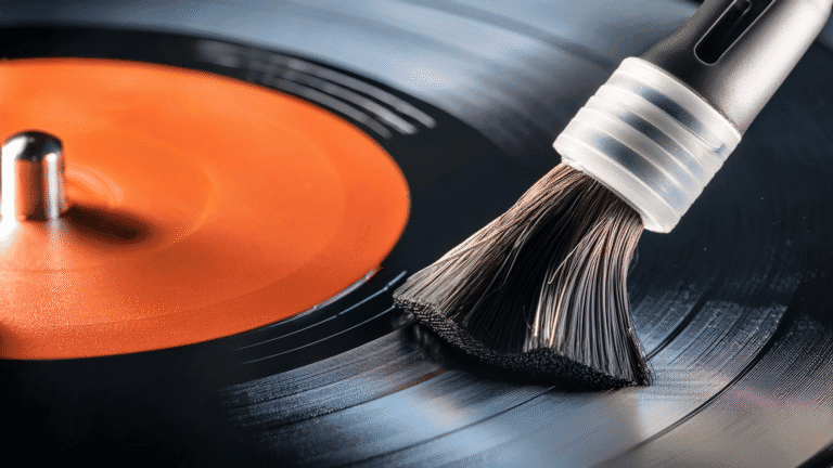 Vinyl Care Guide: Record care, Cleaning, Maintenance, and Protection Tips 6 Vintage vinyl record with a cleaning brush, showcasing classic music nostalgia and high-quality record care.