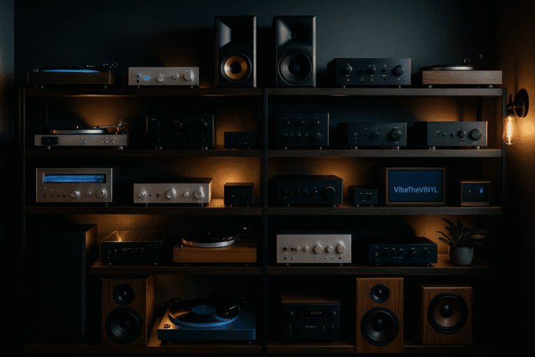 Vinyl Record Setup for Beginners: Good, Better, Best Systems 7 Vinyl record player and vintage audio equipment on wooden shelf with warm lighting, modern home music setup, high-fidelity sound system, VibeTheVINYL.