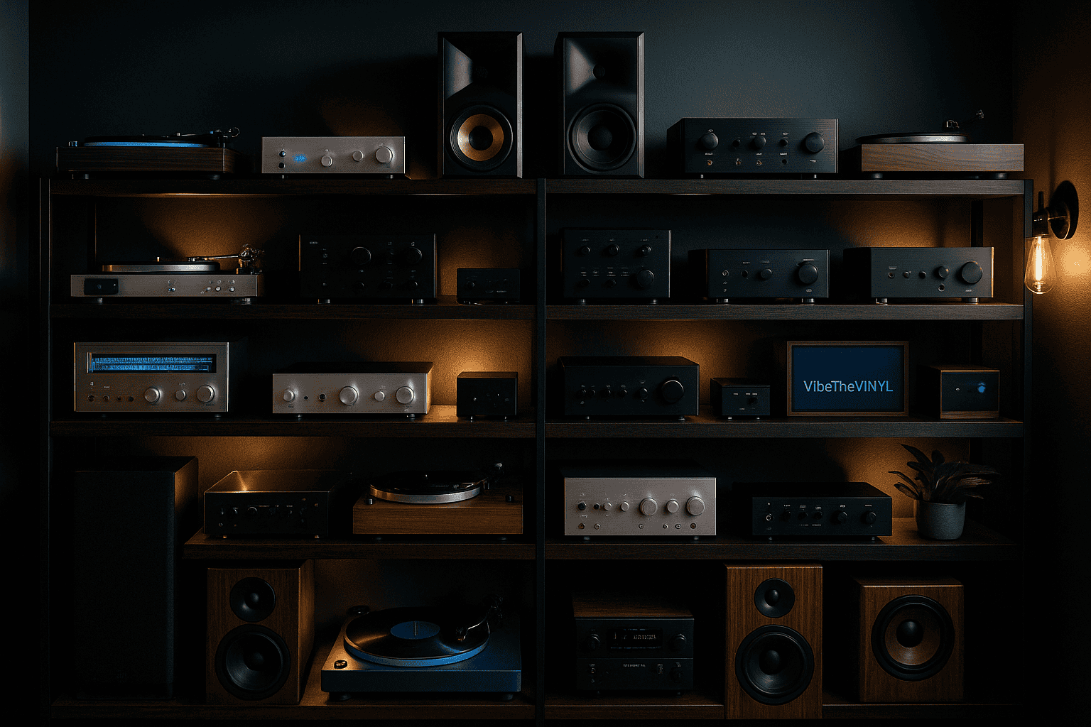 Vinyl Record Setup for Beginners: Good, Better, Best Systems 1 Vinyl record player and vintage audio equipment on wooden shelf with warm lighting, modern home music setup, high-fidelity sound system, VibeTheVINYL.