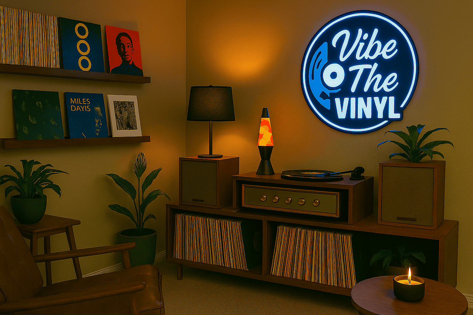 VibeTheVINYL neon sign illuminating a cozy listening space with vintage record collection and retro decor, perfect for vinyl record lovers and music enthusiasts.